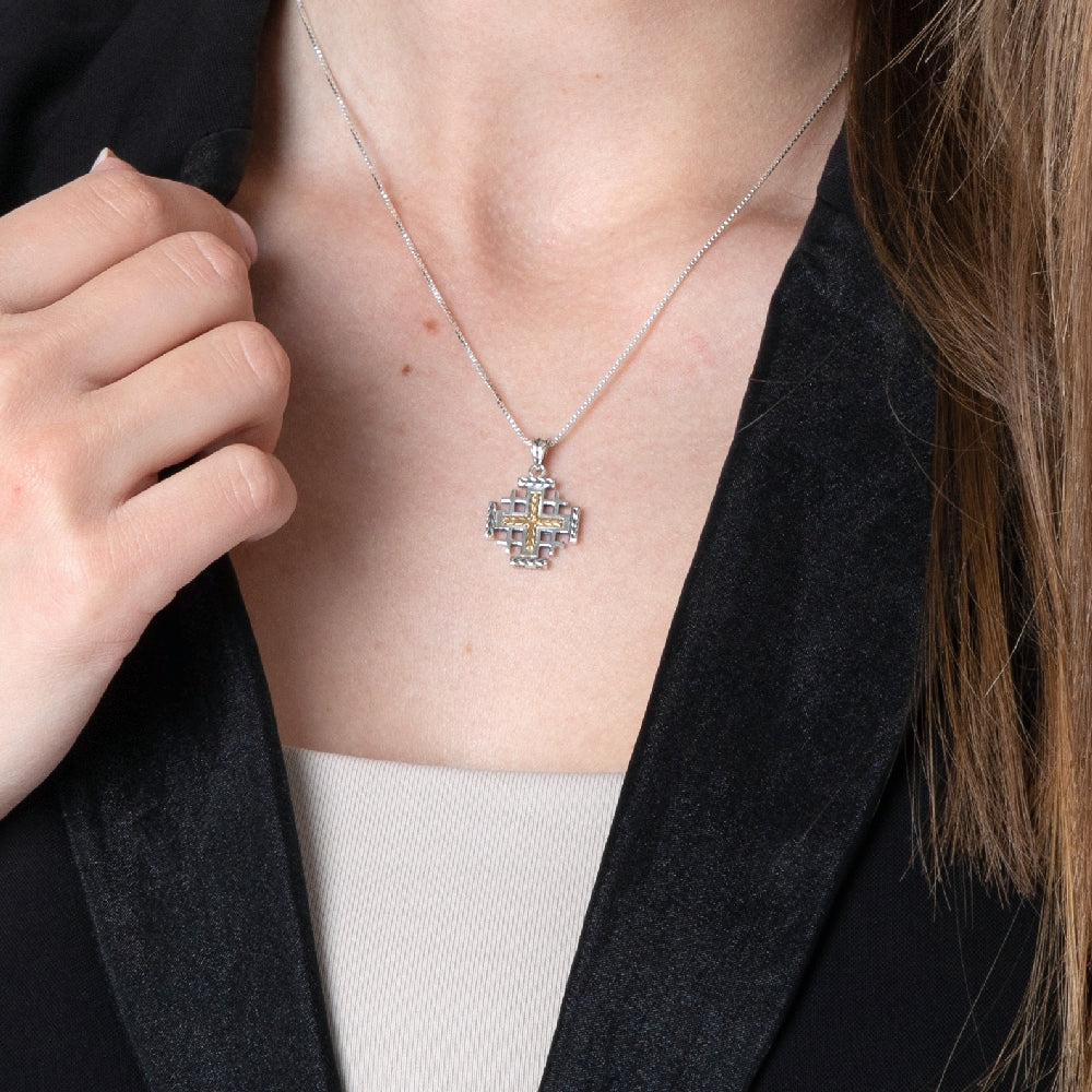 Two-Tone Jerusalem Cross Pendant Necklace, Braided Center & Ends, 925 Sterling Silver – shown worn, close-up