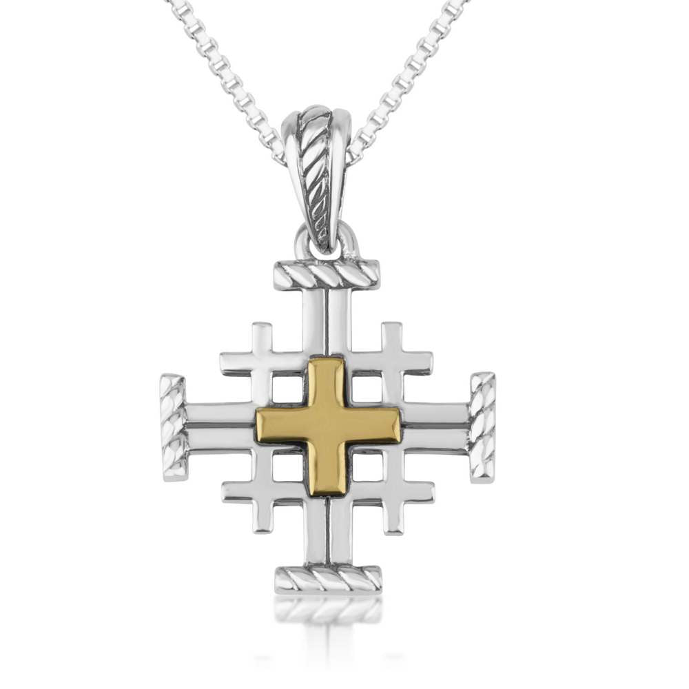 Twisted gold-plated rope-texture Jerusalem Cross pendant in 925 sterling silver by Marina Jewelry