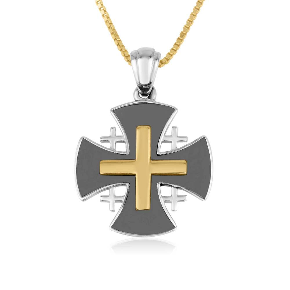 Black-oxidized Jerusalem Cross pendant with gold-plated center cross in 925 sterling silver by Marina Jewelry