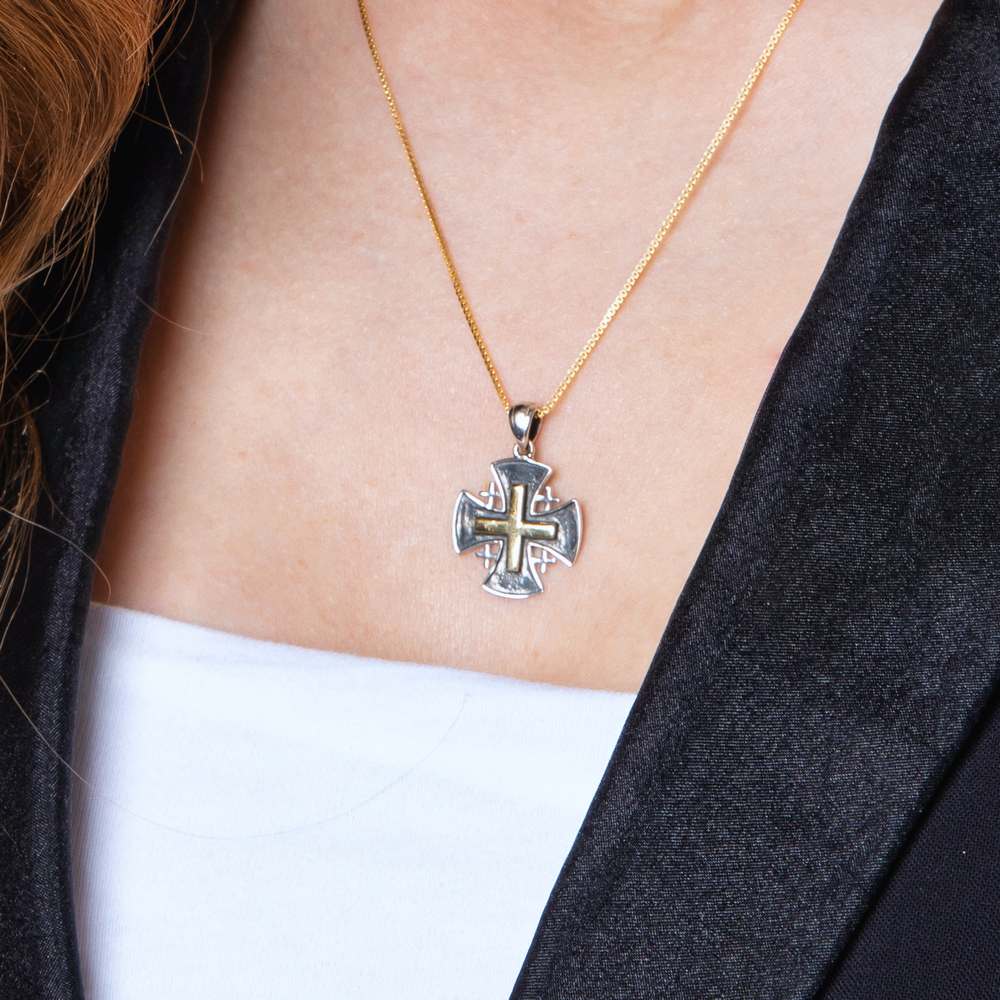 Two-Tone Jerusalem Cross Pendant Necklace, Flared Black Body, 925 Sterling Silver – shown worn, close-up