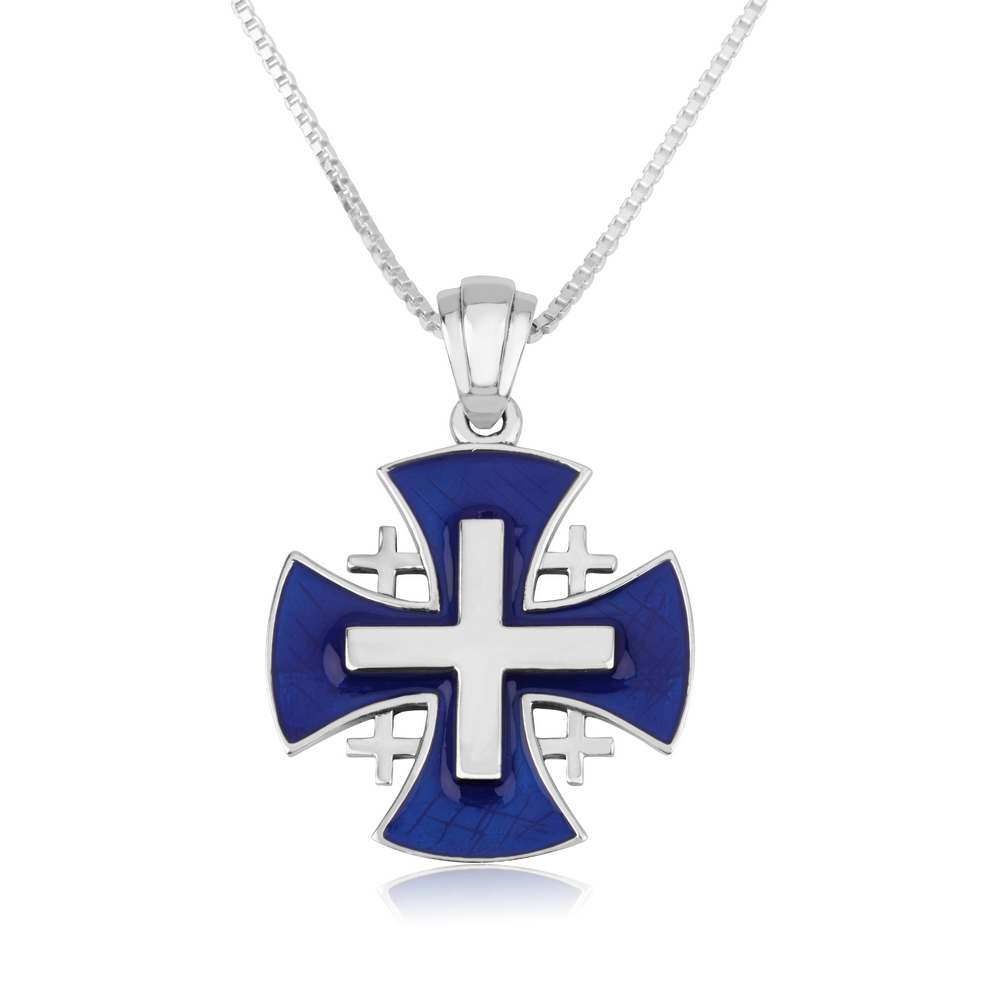 Blue enamel Jerusalem Cross pendant in 925 sterling silver by Marina Jewelry
