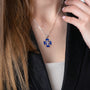 Blue Enamel Jerusalem Cross Pendant Necklace in 925 Sterling Silver – shown worn, close-up