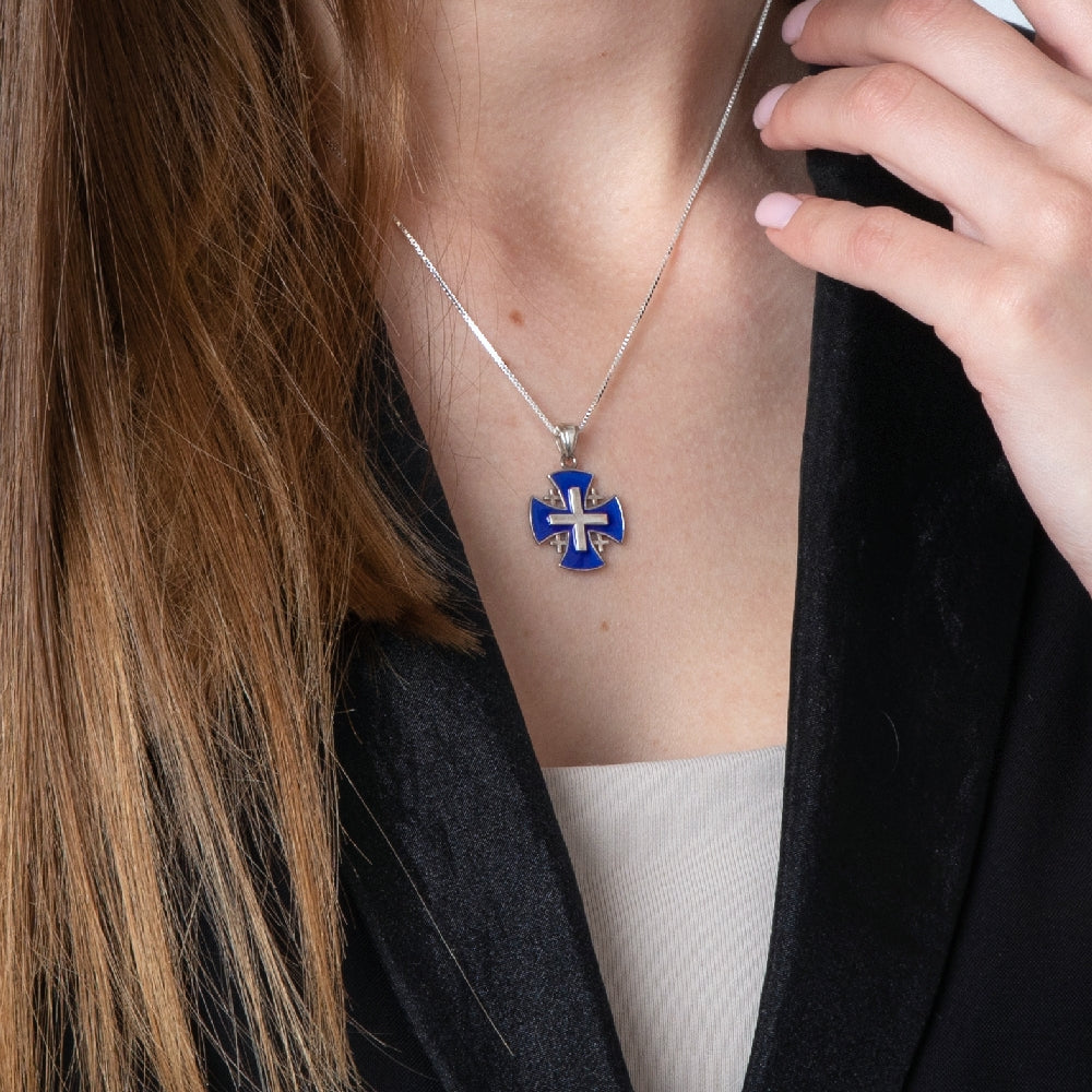 Blue Enamel Jerusalem Cross Pendant Necklace in 925 Sterling Silver – shown worn, close-up