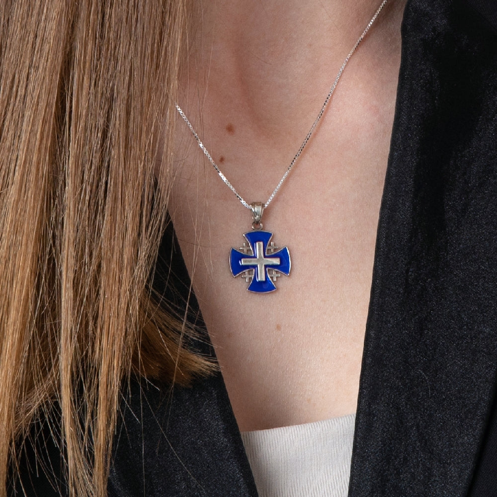 Blue Enamel Jerusalem Cross Pendant Necklace in 925 Sterling Silver – shown worn, close-up