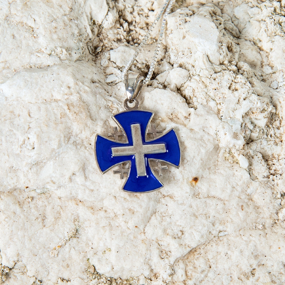 Blue Enamel Jerusalem Cross Pendant Necklace in 925 Sterling Silver – flat lay