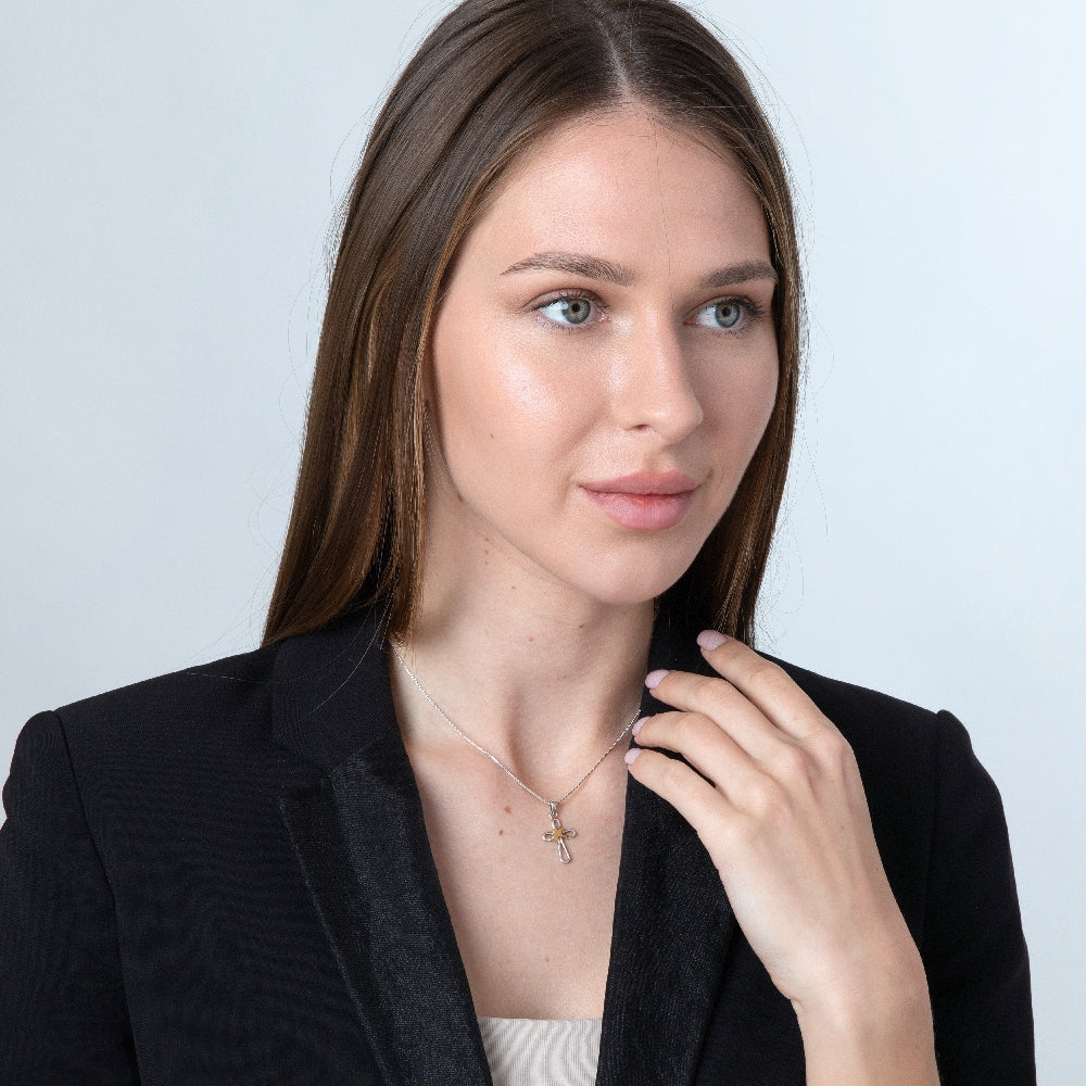 Dove & Open Cross Pendant Necklace in 925 Sterling Silver, Gold-Plated – shown worn