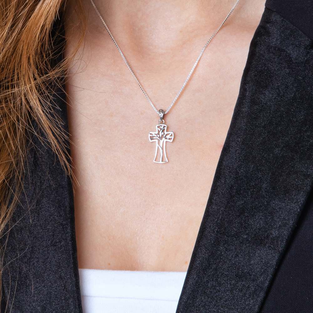 Tree of Life Cross Pendant Necklace in 925 Sterling Silver – shown worn, close-up