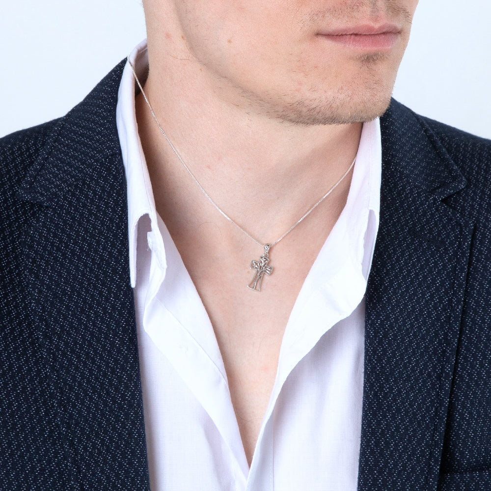 Tree of Life Cross Pendant Necklace in 925 Sterling Silver – shown worn, close-up