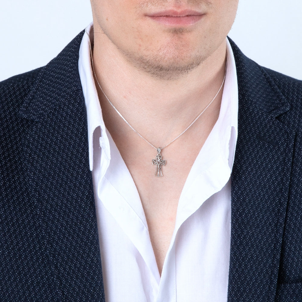Tree of Life Cross Pendant Necklace in 925 Sterling Silver – shown worn, close-up