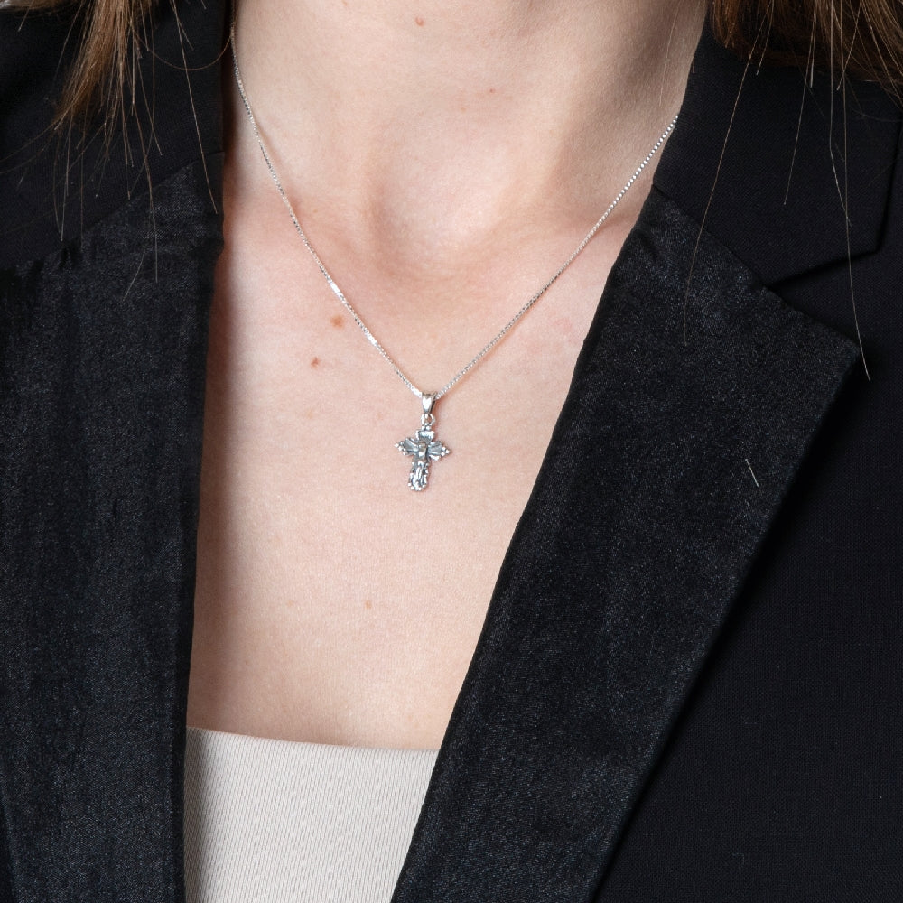 Crucifix Pendant Necklace in 925 Sterling Silver, Oxidized – shown worn, close-up