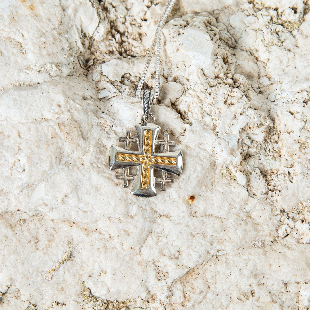 Two-Tone Jerusalem Cross Pendant Necklace, Flared Rope Center, 925 Sterling Silver – flat lay