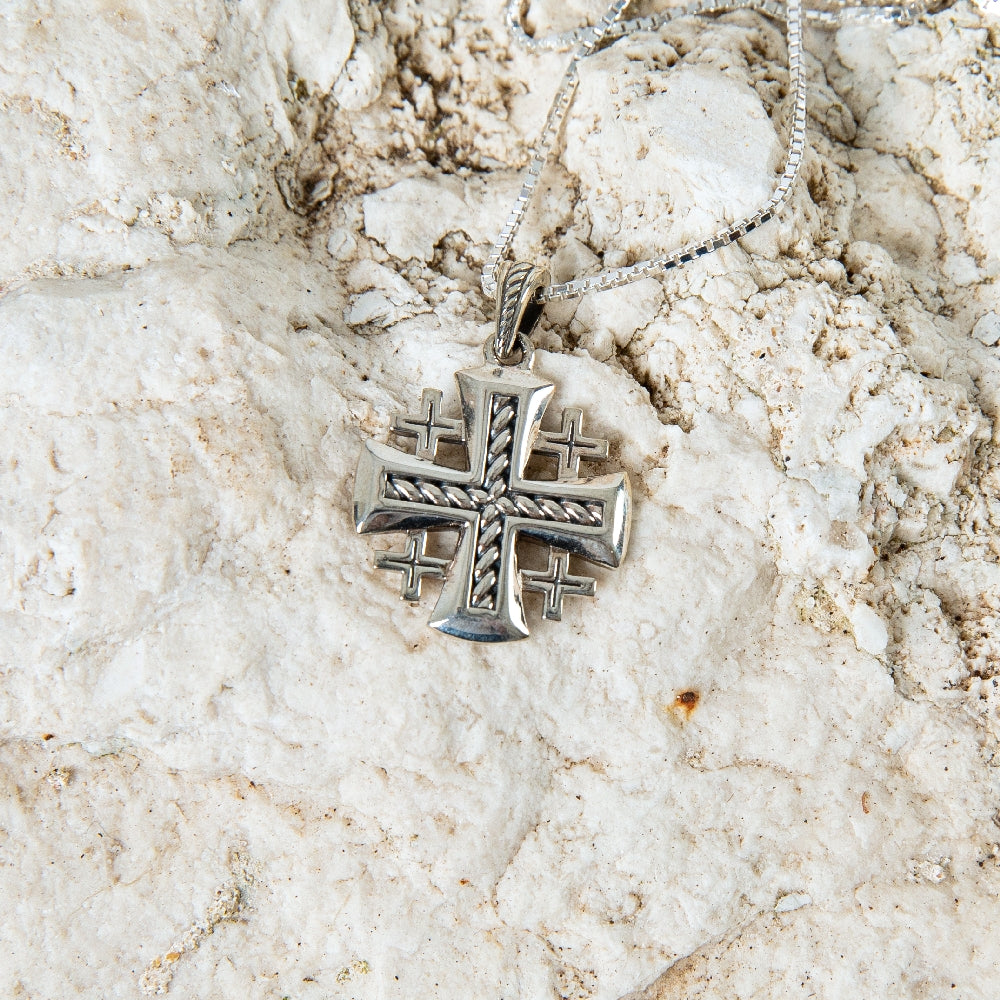 Twisted Rope Jerusalem Cross Pendant Necklace in 925 Sterling Silver – flat lay