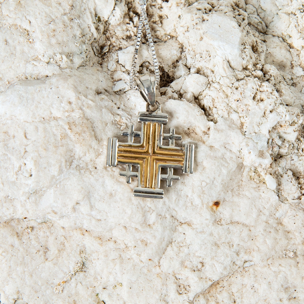 Two-Tone Jerusalem Cross Pendant Necklace, Grooved Center, 925 Sterling Silver – flat lay