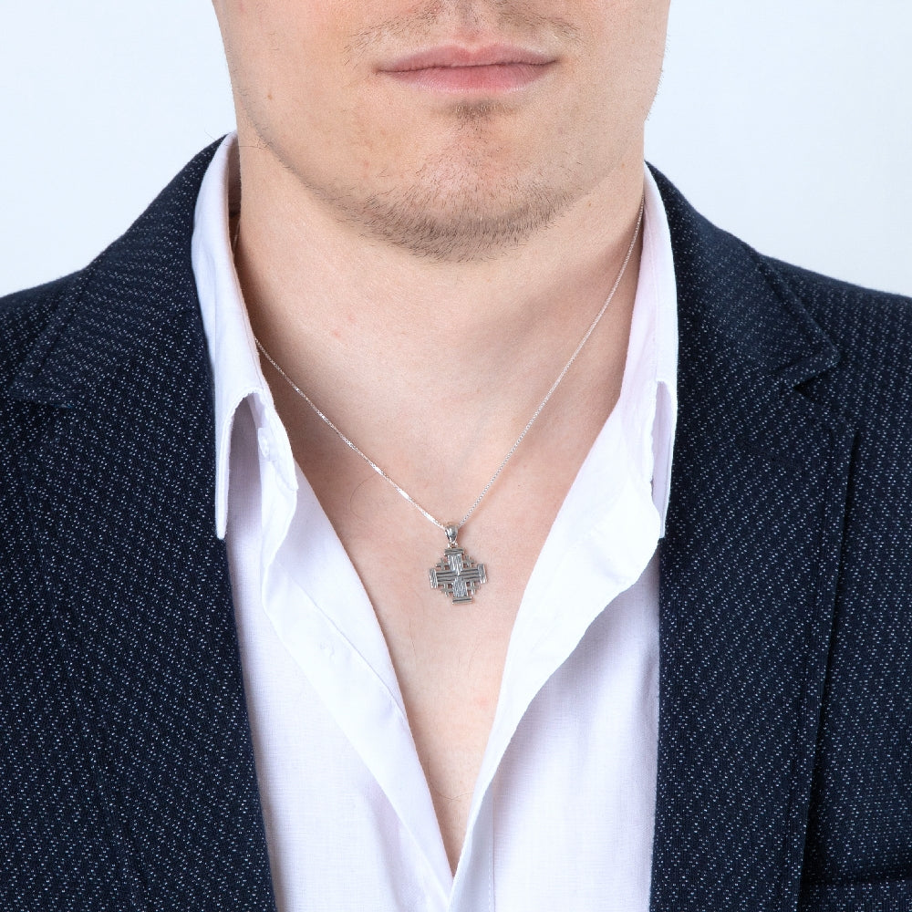 Ridged Jerusalem Cross Pendant Necklace in 925 Sterling Silver – shown worn, close-up