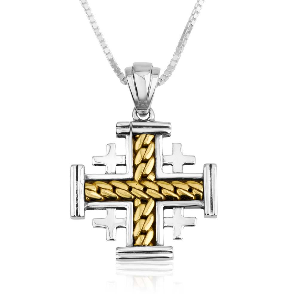 Twisted gold-plated Jerusalem Cross pendant with oxidized shading in 925 sterling silver by Marina Jewelry