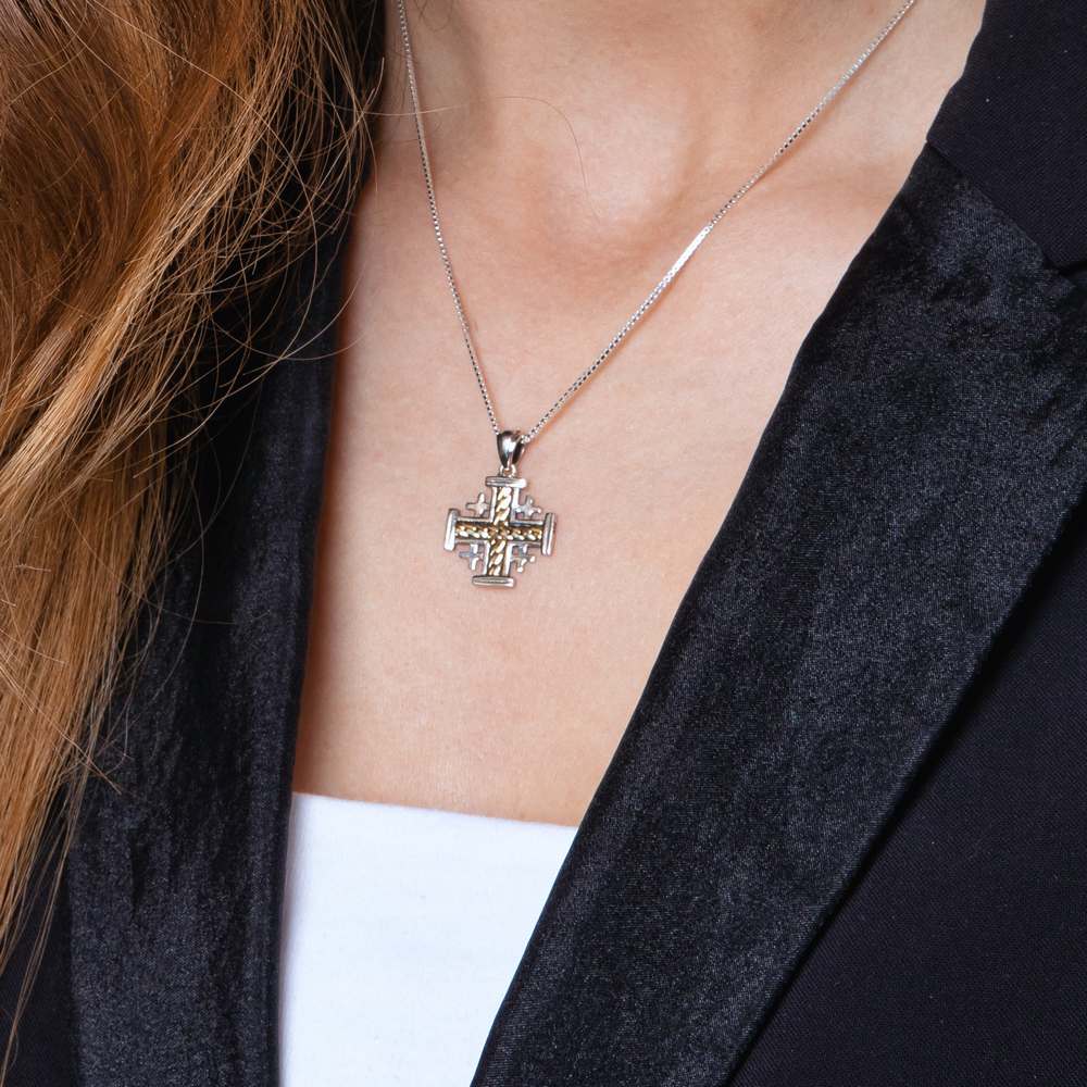Two-Tone Jerusalem Cross Pendant Necklace, Rope-Twist Center, 925 Sterling Silver – shown worn, close-up