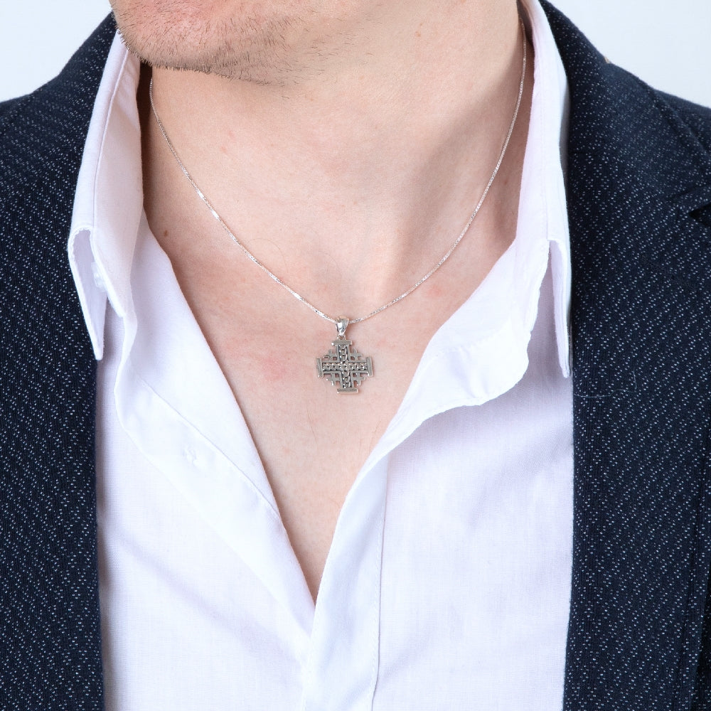Woven Jerusalem Cross Pendant Necklace in 925 Sterling Silver – shown worn, close-up