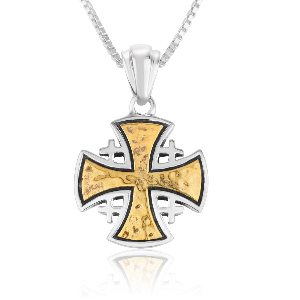 Hammered gold-plated Jerusalem Cross pendant with oxidized outline in 925 sterling silver by Marina Jewelry