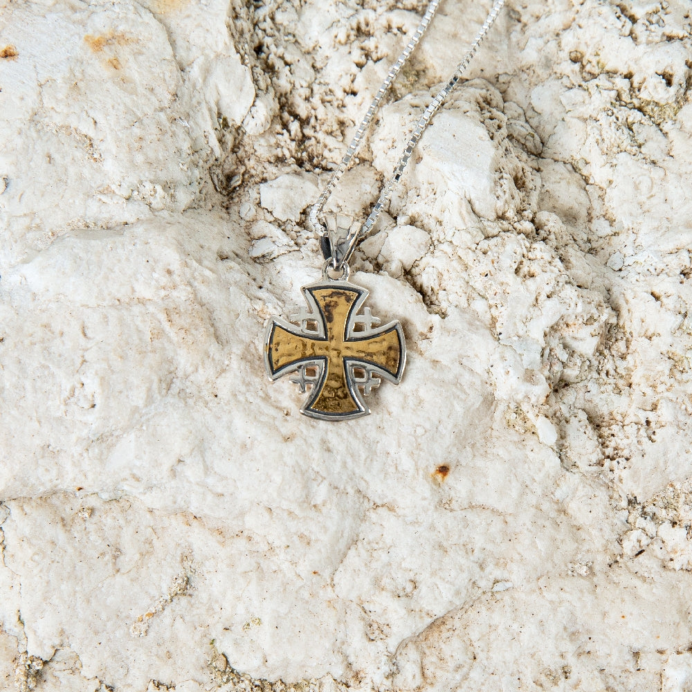 Hammered Two-Tone Jerusalem Cross Pendant Necklace in 925 Sterling Silver, Oxidized – flat lay