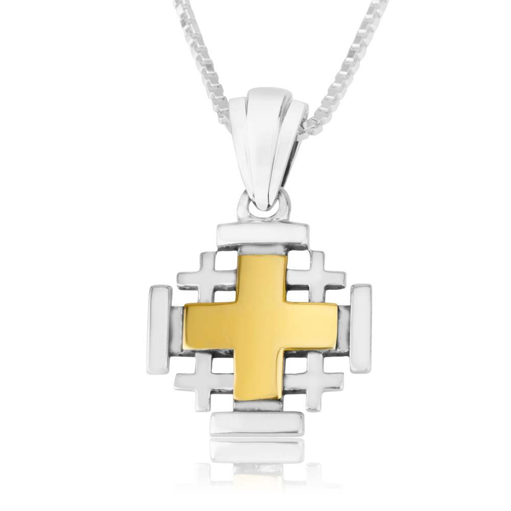 Jerusalem Cross pendant with cutout corner crosses and gold-plated center in 925 sterling silver by Marina Jewelry