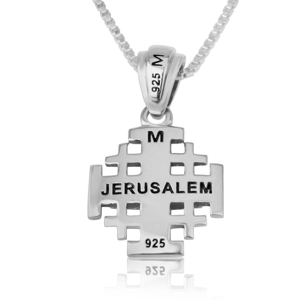 Two-Tone Jerusalem Cross Pendant Necklace, Wide Gold Center, 925 Sterling Silver – back view