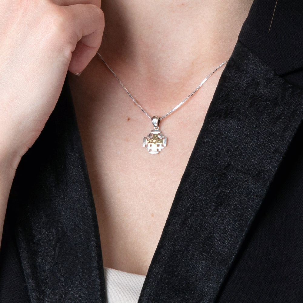 Two-Tone Jerusalem Cross Pendant Necklace, Wide Gold Center, 925 Sterling Silver – shown worn, close-up
