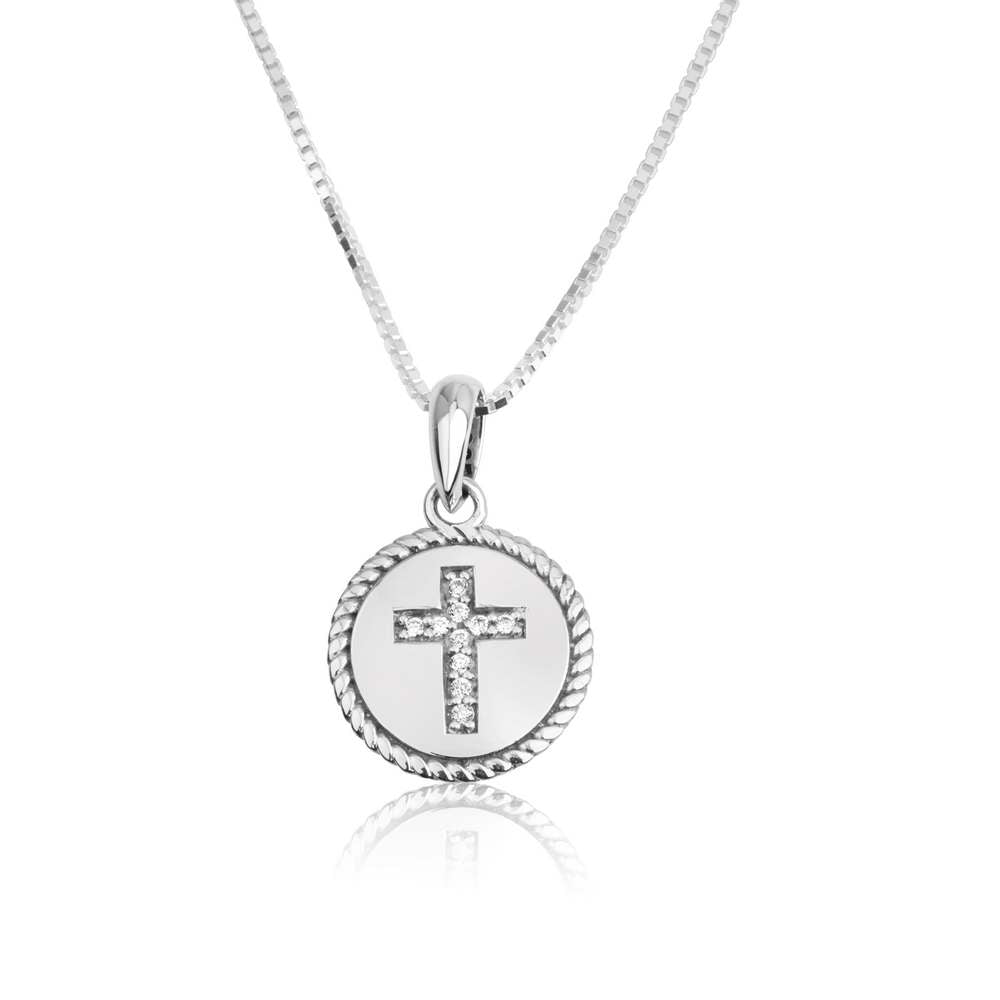 Round zircon cross medallion pendant in 925 sterling silver by Marina Jewelry