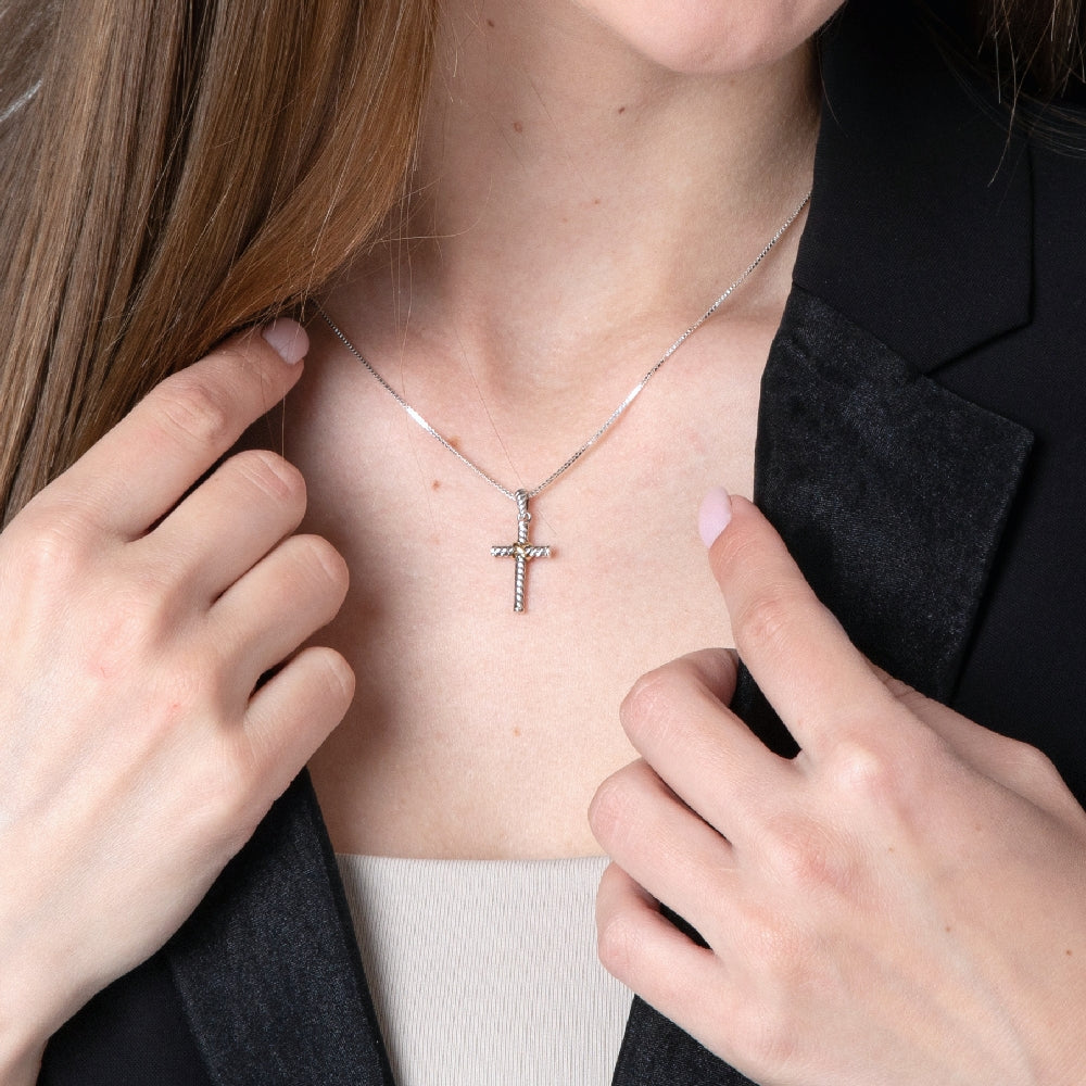 Two-Tone Rope Cross Pendant Necklace, Gold-Plated Center, 925 Sterling Silver – shown worn, close-up