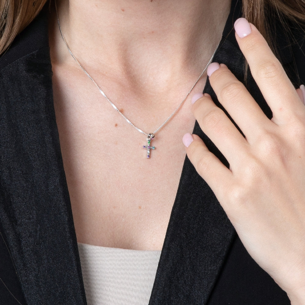 Multi-Color Gemstone Cross Pendant Necklace in 925 Sterling Silver – shown worn, close-up
