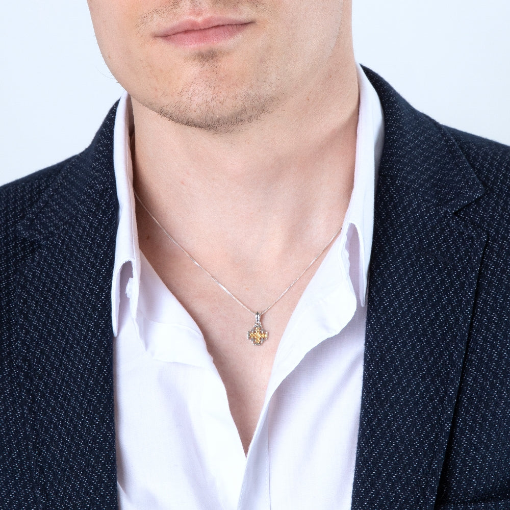 Sunburst Two-Tone Jerusalem Cross Pendant Necklace in 925 Sterling Silver – shown worn, close-up