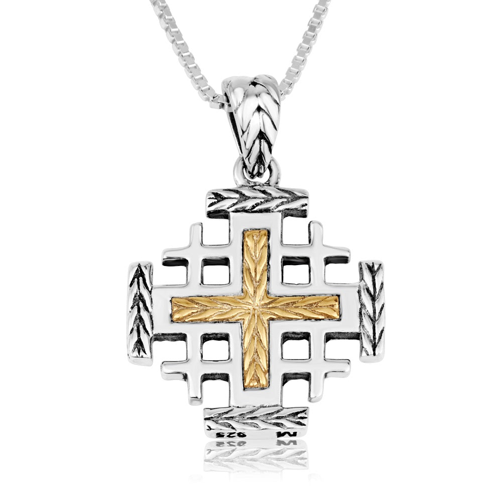 Twisted-rope-textured Jerusalem Cross pendant with gold-plated center in 925 sterling silver by Marina Jewelry