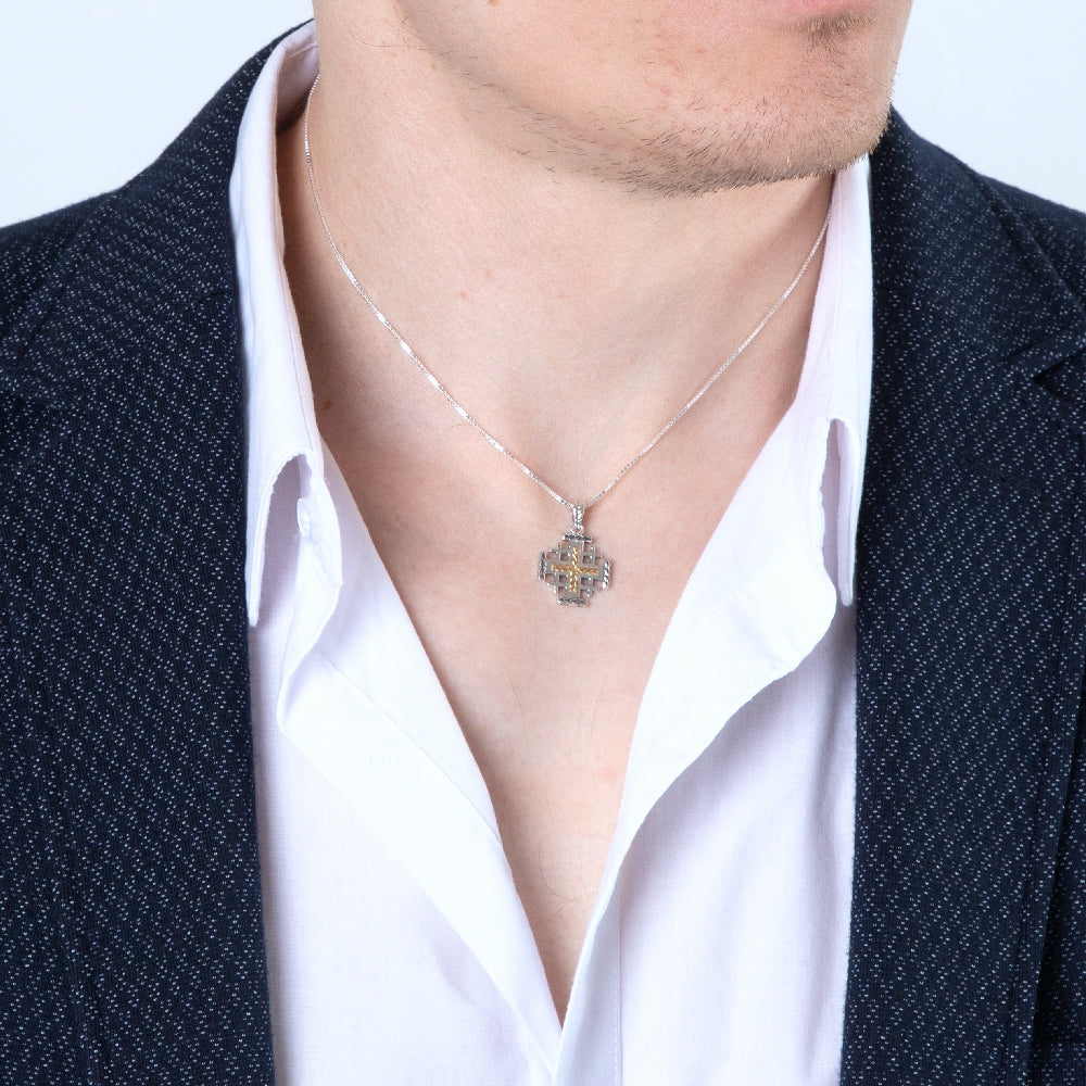 Twisted Rope Two-Tone Jerusalem Cross Pendant Necklace in 925 Sterling Silver, Oxidized – shown worn, close-up