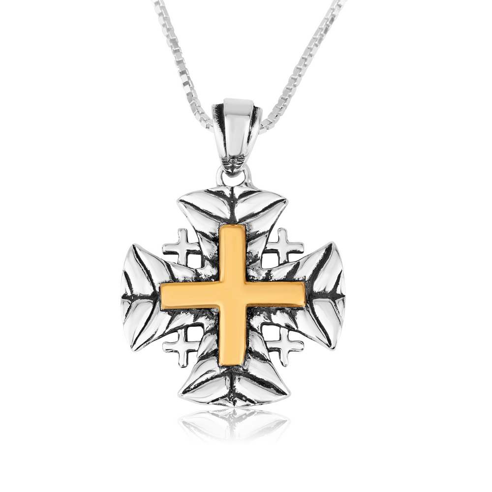 Leaf-textured Jerusalem Cross pendant with gold-plated center cross in 925 sterling silver by Marina Jewelry