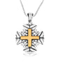 Leaf-textured Jerusalem Cross pendant with gold-plated center cross in 925 sterling silver by Marina Jewelry