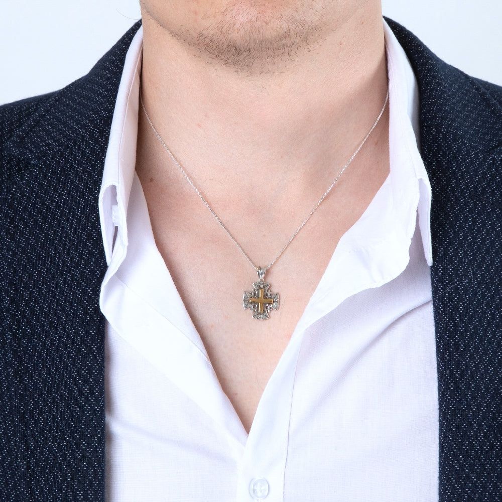 Leaf-Textured Two-Tone Jerusalem Cross Pendant Necklace in 925 Sterling Silver – shown worn, close-up
