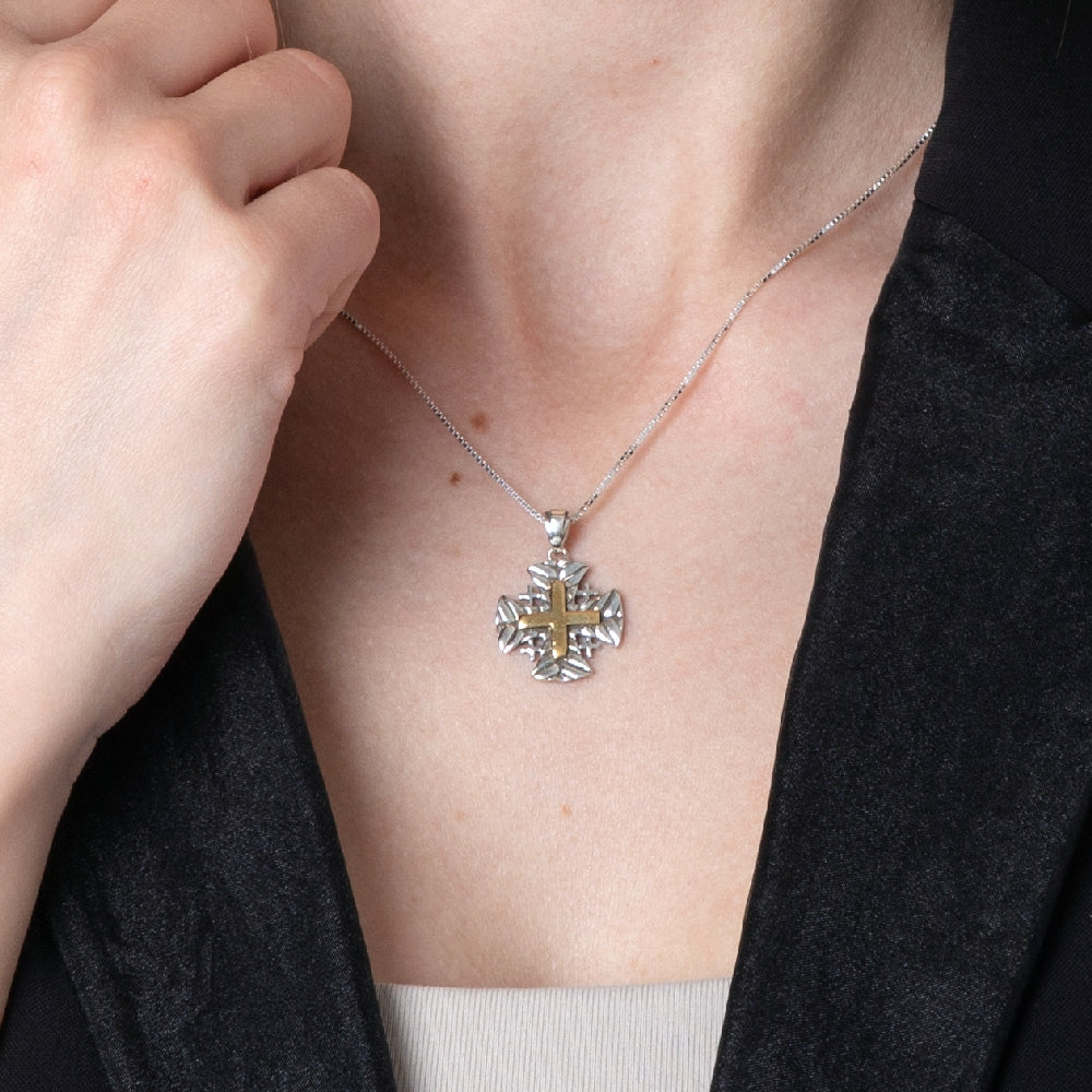 Leaf-Textured Two-Tone Jerusalem Cross Pendant Necklace in 925 Sterling Silver – shown worn, close-up
