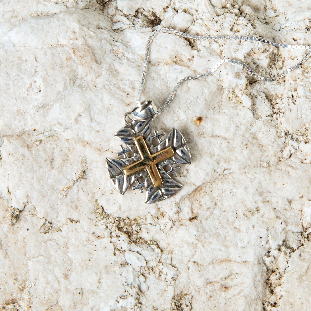 Leaf-Textured Two-Tone Jerusalem Cross Pendant Necklace in 925 Sterling Silver – flat lay