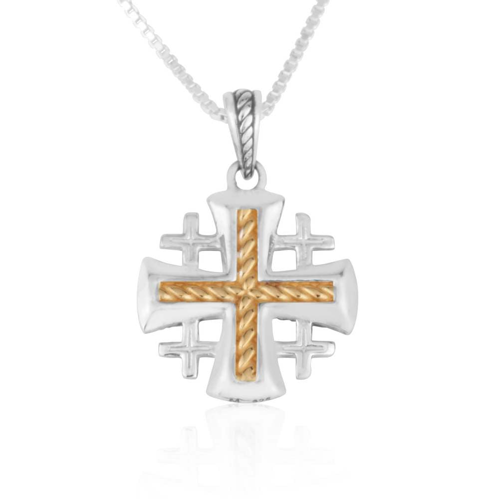 Twisted gold-plated rope-texture Jerusalem Cross pendant in polished 925 sterling silver by Marina Jewelry