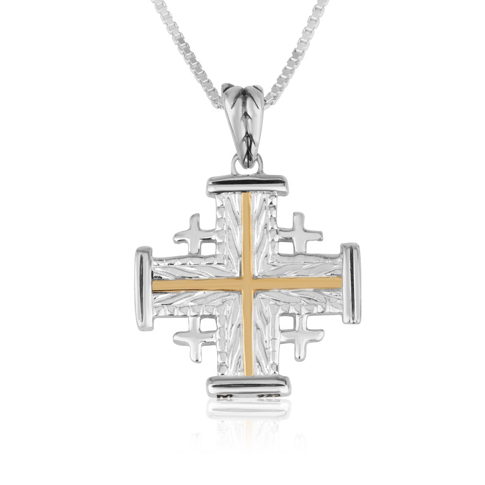 Leaf-textured Jerusalem Cross pendant with twisted gold-plated rope center in 925 sterling silver by Marina Jewelry