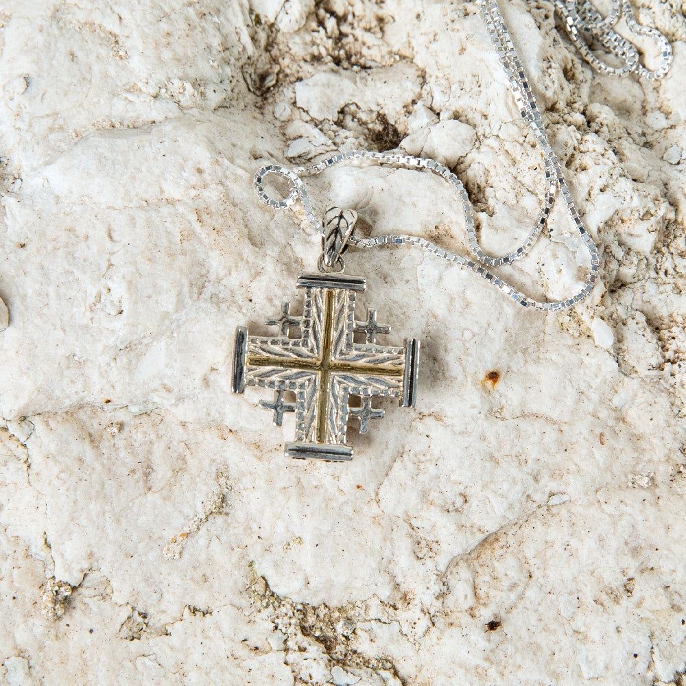 Leaf-Textured Twisted Gold Jerusalem Cross Pendant Necklace in 925 Sterling Silver – flat lay
