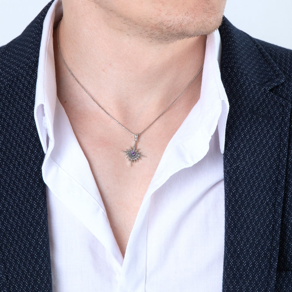 Star of Bethlehem Pendant Necklace in 925 Sterling Silver with Amethyst – shown worn, close-up