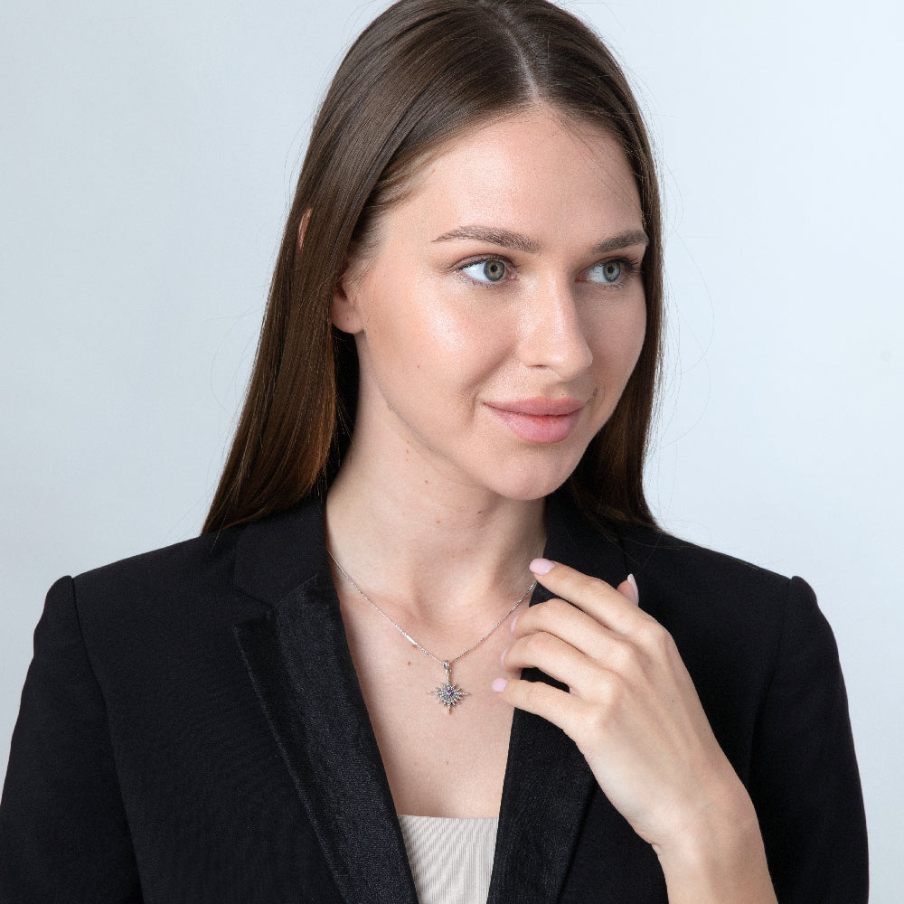 Star of Bethlehem Pendant Necklace in 925 Sterling Silver with Amethyst – shown worn