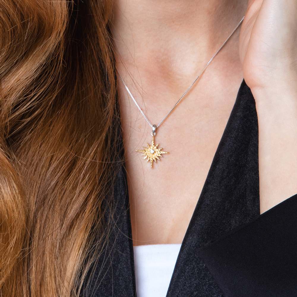 Two-Tone Star of Bethlehem Pendant Necklace in 925 Sterling Silver, Gold-Plated with Cubic Zirconia – shown worn, close-up