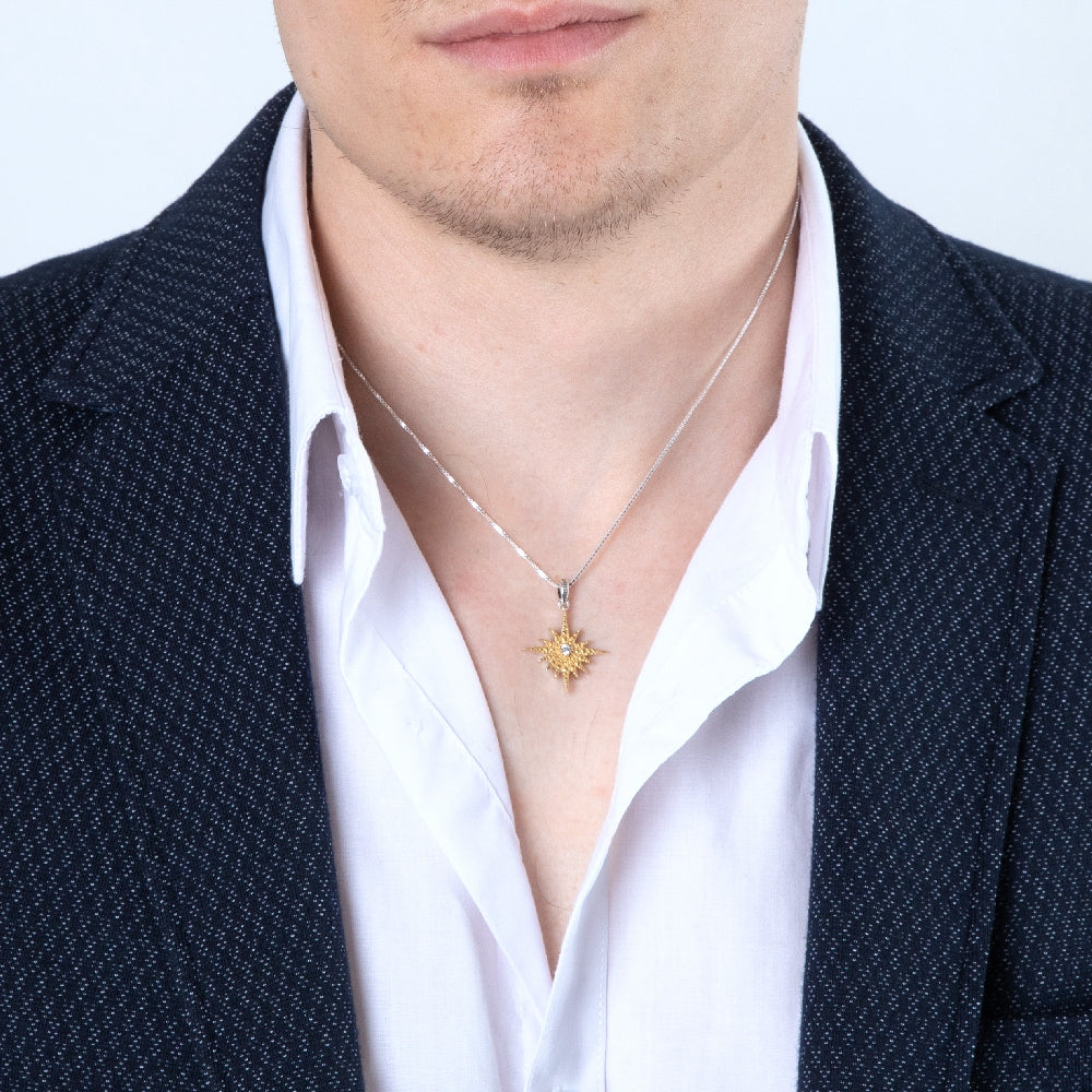 Two-Tone Star of Bethlehem Pendant Necklace in 925 Sterling Silver, Gold-Plated with Cubic Zirconia – shown worn, close-up