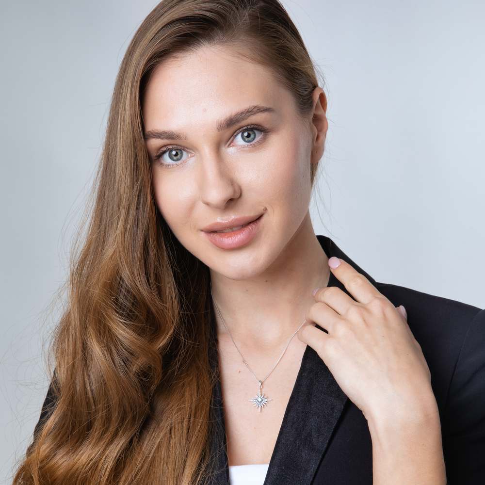 Star of Bethlehem Pendant Necklace in 925 Sterling Silver with Cubic Zirconia – shown worn