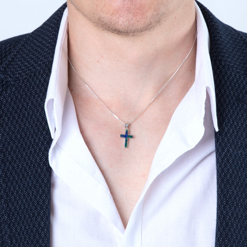 Eilat Stone Cross Pendant Necklace, Slim Inlay, 925 Sterling Silver – shown worn, close-up