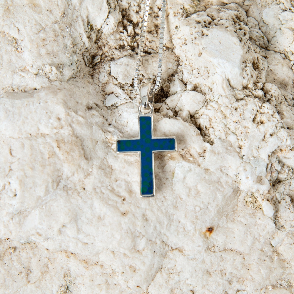 Eilat Stone Cross Pendant Necklace, Slim Inlay, 925 Sterling Silver – flat lay