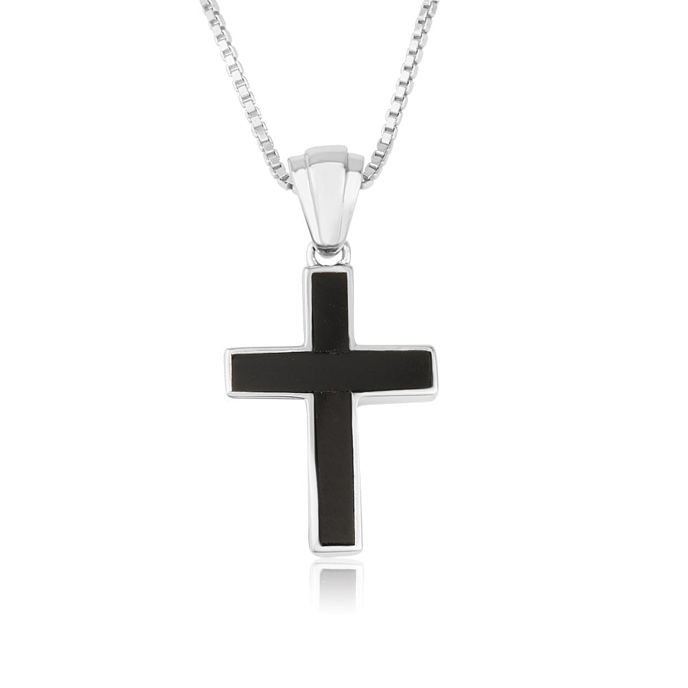Black onyx cross pendant necklace, large, broad arms, 925 sterling silver, by Marina Jewelry
