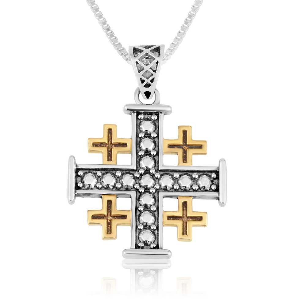 Beaded Jerusalem Cross pendant with gold-plated corner crosses in 925 sterling silver by Marina Jewelry