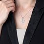 Beaded Two-Tone Jerusalem Cross Pendant Necklace in 925 Sterling Silver – shown worn, close-up
